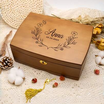 A Personalized Wooden Jewelry Storage Box, Custom Vintage Jewelry Box, With Lock And Key, Velvet Lining, Vintage Style, Lockable For Storage And Organization, Ideal Gift For Christmas, Valentine's Day, Mother's Day, Birthday, Wedding, Anniversary, And Housewarming, Suitable For Storing Necklaces, Rings, Earrings, Watches, Bracelets, And Other Jewelry, Also A Vanity Decoration.
