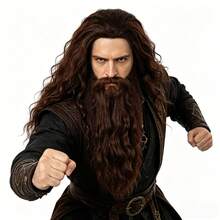 Brown Long Curly Wig With Beard Set For Men, Heat Resistant Silk Soft Matte Realistic Hair, Retro Wizard Style, Breathable Inner Cap Easy To Wear. Ideal For Halloween Party, Fantasy Cosplay, Stage Performance & Holiday Masquerade Men Full Head Wig. - Chocolate Brown - View 2