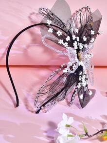 1pc Elegant Black Mesh Bow Rhinestone Beaded Headband, Princess Style, Suitable For Bride, Wedding, Celebration, Party, School, Casual Wear - Black - View 4
