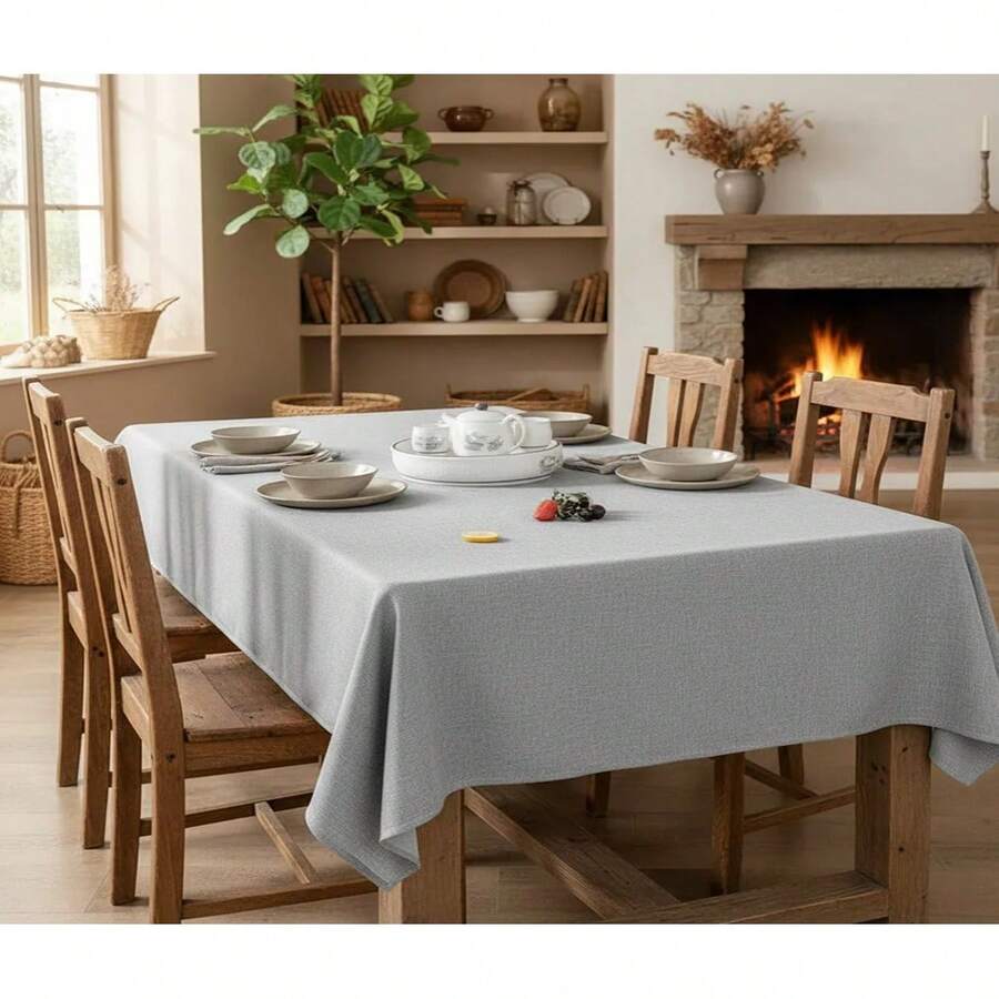 Rustic Dining Tablecloth 200x140cm, Synthetic Linen Fabric - Grey - View 1