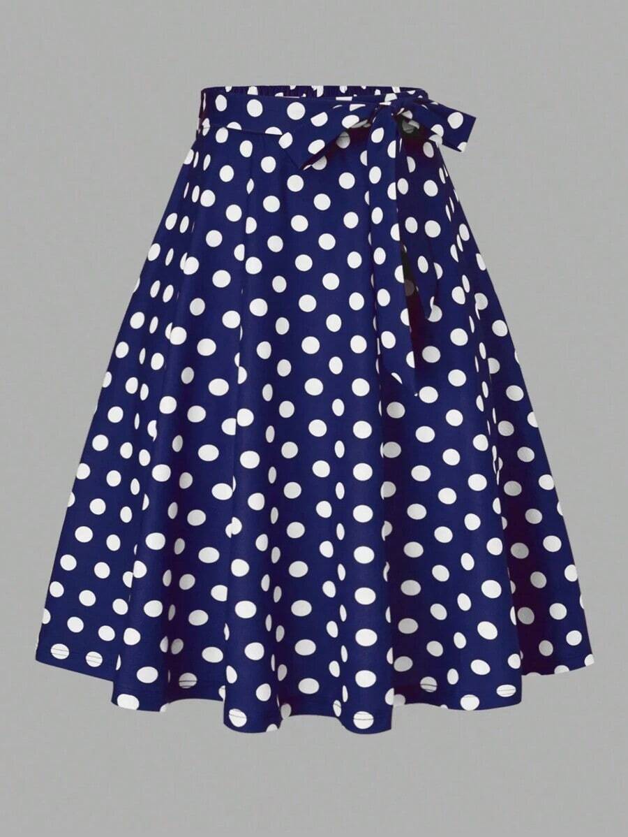 Falda Estampada De Lunares Aleatorios Para Mujer - Azul marino - Ver 1