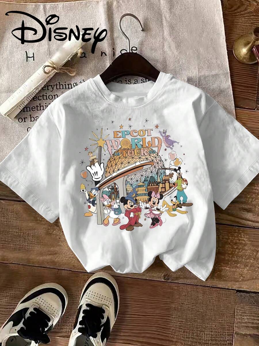 Disney Classic Characters And EPCOT Theme Park Pattern Disney Summer New Short-Sleeve T-Shirt Women's Casual Fashion Printed T-Shirt Elegant Women's Clothing - 白色 - 查看 1