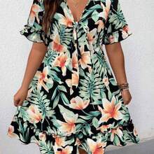 Plus Size Women's Plant And Floral Print Front Tie Dress, Suitable For Summer - Negro - Ver 1