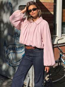 Women's Elegant Lantern Sleeve Baseball Jacket, Vintage Collar Zipper Jacket For Summer Outdoor Wear Pink - Hồng - Xem 6