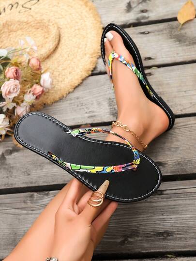 Women's Flip Flops/Colorful Graffiti Beach Slippers, Comfortable & Lightweight, Fashion Versatile, Suitable For Beach, Vacation, Casual Daily Wear