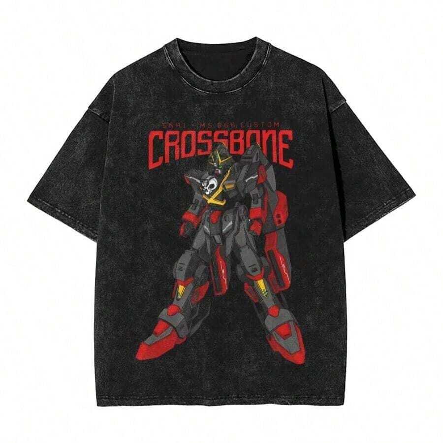 TopsAnime Print Tshirt Streetwear Harajuku Washed T Shirt Summer Short Sleeve Vintage T-Shirt Cotton Tops TeesLoose And Comfortablesummer Tops - 黑色 10 - 查看 1
