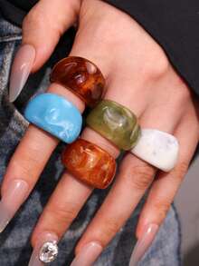 5pcs/Set Fashionable Glamorous Sparkling Unique Delicate Creative Luxury Versatile Elegant Geometric Colorful Resin Rings, Suitable For Women's Daily Wear, Festivals And Parties - Multicolor - View 2