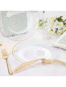 50个/25个/10个透明金边餐盘，西式餐盘，派对餐盘，意面盘，大号10.25英寸/小号7.5英寸，可重复使用的蓝色/透明金边餐盘，透明蓝色巴洛克风格餐盘，金箔镶边，适用于派对、宴会、婚礼、新年、情人节等场合，优质餐盘套装 - 無色 - 查看 4