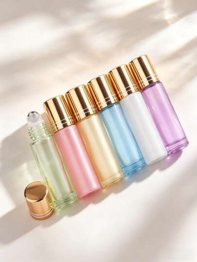 10ml (0,34oz) Botella de vidrio para aceites esenciales con rodillo, color macaron suave y elegante, aprobada por la TSA, con tapa de metal dorada/plateada, incluye herramienta de llenado 3 en 1 (abridor + embudo + cuentagotas), 2 estilos disponibles, a prueba de fugas, recargable, pequeño contenedor de maquillaje de viaje, dispensador de aceite portátil de tamaño de bolso
