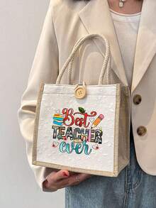 Best Teacher Floral Letter Print Linen Tote Bag, Teacher's Day Gift, Reusable Printed Tote Bag, Casual Commuter Tote Bag - Multicolor - View 16