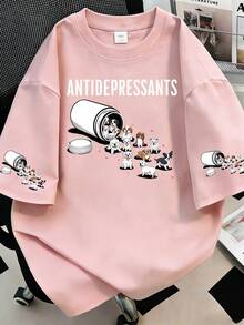 可爱狗狗印花圆领T恤，大码女式休闲简约夏季上衣，短袖印花，适合日常穿着、海滩度假；适合日常穿着、外出、旅行、海滩、派对、女士夏季穿搭、女士度假穿搭，粉色 - 粉色 - 查看 4