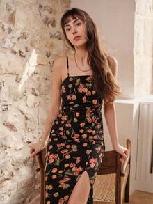 Vestido midi ajustado de flores negras, estilo francés, sin tirantes y cuello recto, con abertura lateral, elegante y sensual para primavera y verano - Negro - Ver 1