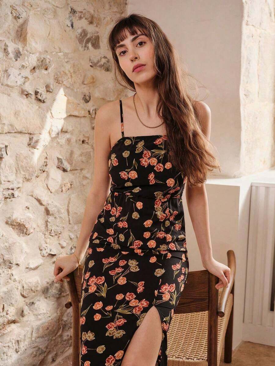 Vestido midi ajustado de flores negras, estilo francés, sin tirantes y cuello recto, con abertura lateral, elegante y sensual para primavera y verano - Negro - Ver 1