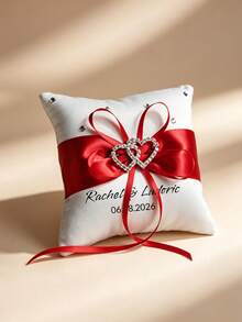Customized Wedding Ring Pillow Personalized Name Date Cushion With Rhinestone Double Heart Design, Wedding Ceremony Decoration Ring Tray - Multicolor - View 8