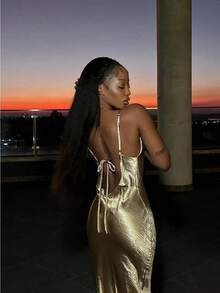 Gold Satin Cowl Neck Maxi Dress, Backless Spaghetti Strap Bodycon Evening Gown Elegant Formal Party Dress For Women - 金色 - 查看 2