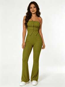 Women's 4-Piece Set: Strapless Corset-Style Top And Bell Bottom Pants In Ribbed Knit Fabric With Open Cut Design - 2 SET - View 5