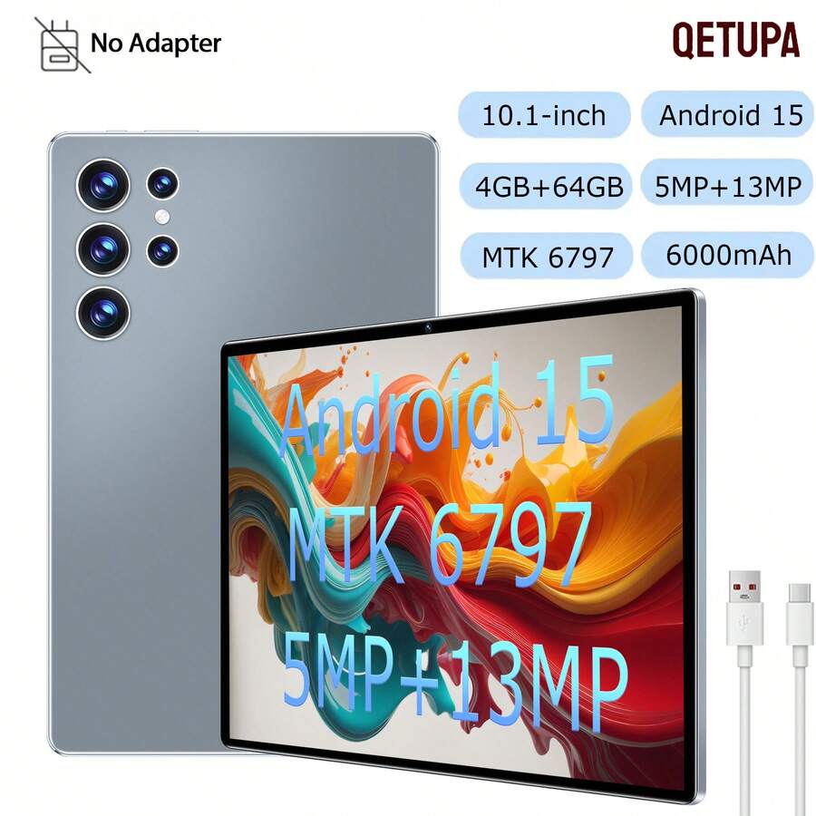 Qetupa Tablet PC Android 15, Layar 10,1 Inci, RAM 4GB + ROM 64GB, Prosesor MTK 6797 Octa-Core 2.0GHz, Layar Sentuh IPS HD (1280x800), Kamera Depan 5MP dan Kamera Belakang 13MP, Baterai Besar 6000mAh, Bluetooth 5.2 dan WiFi 5 802.11ac, GPS (Tanpa Adaptor) - Grey - View 1