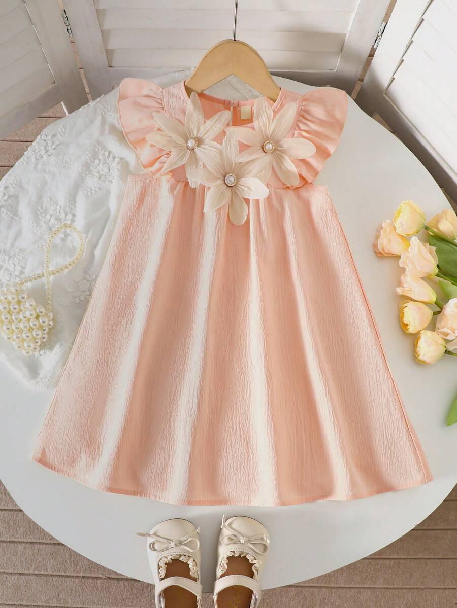 Vestido de princesa con mangas de caperuza, estampado floral y cuentas para niñas jóvenes en primavera/verano - Rosa - Ver 1