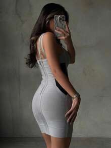 Women's Fashion Spaghetti Strap V-Neck Short Fitted Ribbed Bandage Summer Dress, Elegant Gray & Black Patchwork Cocktail Party Dress, Sexy Outfit - Grey - View 10