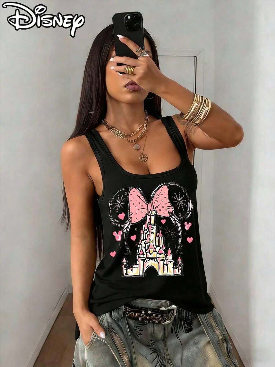 This Disney-Licensed Women's Summer Sexy Cotton Vest Features A Minnie Mouse Polka-Dot Bow As The Frame, With A Pink Disney Castle Inside, Adorned With Hearts, Mickey Mouse Balloons, And Firework Patterns-Exquisite And Dreamy, Creating A Lively Party Atmosphere. Perfect For Taking Photos At Disneyland, As A Travel Souvenir, Or For Everyday Casual Wear. It Also Makes An Ideal Valentine's Day Gift For Friends And Family. This New Spring Style Vest Is Comfortable Against The Skin And Suitable For Outdoor Wear. - màu đen - Xem 1