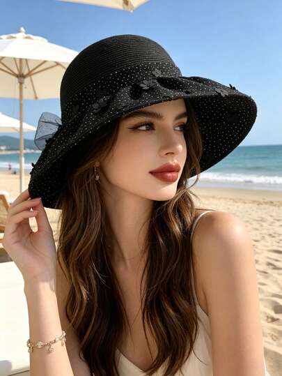 1 chiếc mũ tai bèo chấm bi vành rộng dành cho nữ (họa tiết hoa ngẫu nhiên), mũ chống nắng ngoài trời thường ngày, chống tia UV, thích hợp cho hoạt động ngoài trời hàng ngày, đi biển.
