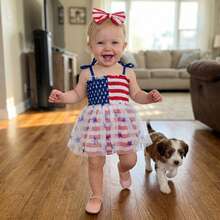 4th Of July Baby Girl Outfits American Flag Sleeveless Strap Romper Bodysuit Independence Day Clothes - 紅色 A - 查看 4