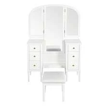 Antique Makeup Vanity Desk With Triple Mirror 6-Drawer Dressing Table Set Including Stool Full Length Mirror For Bedroom Dressing Room White - White1 - View 6