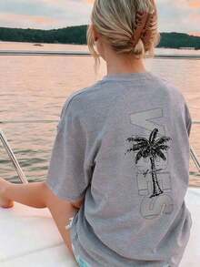 TopsWomen's Minimalist Coconut Tree Slogan Print Casual Round Neck Short Sleeve T-Shirt, Simple & Versatile, Suitable For Daily & Holiday Wear. Graphi - 灰色 - 查看 3