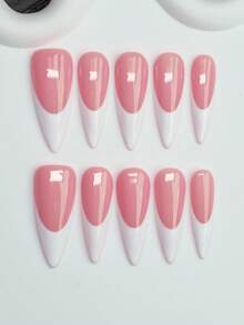 10 piezas de puntas de uñas en forma de almendra estilo Y2K "baddie", color nude y blanco con diseño de punta francesa, adecuadas para fiestas, bodas y uso diario, incluye herramientas para uñas, gran regalo para mujeres y niñas - Multicolor - Ver 1