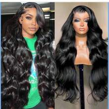 Peluca frontal de encaje de cabello humano de 38 pulgadas, 13x4, con ondas corporales, densidad del 200%, ondas corporales, HD, con frontal transparente, pre-depilado y nudos decolorados para mujer. - Natural Black - Ver 2