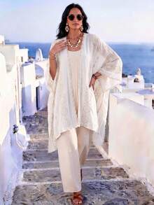 1pc Elegant Floral Pattern Bohemian Embroidered Kimono/Sarong Shawl, Women's Spring/Summer Beach Cover-Up, Lightweight Versatile Luxury Accessory, Ideal For Daily Wear And Gift - White - View 3