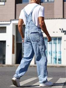 Four Seasons  Men's Denim Overalls, Loose Straight-Leg Fit, American Vintage Multi-Pocket Workwear-Style Casual Pants, Overalls With Distressed Design, Versatile Casual Wear Suitable For Any Occasion, Laid-Back And Minimalist Men's Jeans - Light Blue - View 4