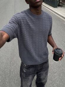 ANDREILEE Camiseta de punto de manga corta para hombre/unisex, estilo casual holgado minimalista, color liso, diseño de cuadrícula cuadrada hueca, versátil, streetwear, para ir al trabajo, cuello redondo, suéter gris, temporada de vuelta al colegio, primavera/verano - Gris - Ver 2