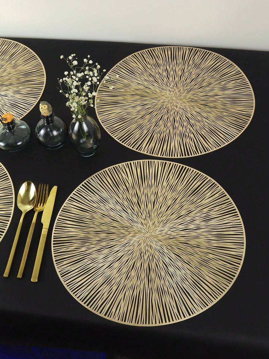 Luxury Gold Hollow Placemat, Made Of PVC Material, Featuring Exquisite Chrysanthemum And Butterfly Embossed Patterns, Elegant Lace Hollow Edge Design, Waterproof, Oil-Proof And Easy To Clean, Suitable For Home Dining, Holiday Gatherings Or Western-Style Tableware Setting, Adding A High-End Feel And Ceremonial Atmosphere To The Dining Table, Random Style Shipped - Gold - View 1