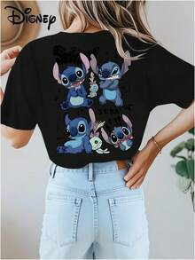 Disney Women's T-Shirt Stitch Print, Soft And Skin Friendly Elastic Casual Short Sleeved Top, Fashionable Short Sleeved Round Neck T-Shirt, Women's Clothing - màu đen - Xem 3