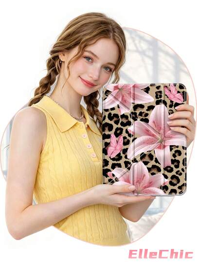 Ốp bảo vệ họa tiết da báo nâu và hoa ly hồng, tương thích với iPad Air 8 (M4) 2026 (11 inch), Air 4/5 10.9 inch, 7/8/9 10.2 inch, khe cắm bút cảm ứng tích hợp, tương thích với Samsung Tab S6 10.4 inch, tương thích với Kindle thế hệ thứ 11 2022/2024, Kindle Clara Bw 2024 (6 inch), Kindle Libra Colour 2024 (7 inch), ốp da kiểu Ins, thích hợp cho mùa tựu trường.