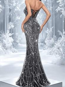 Đầm dạ hội sang trọng đính sequin kiểu nữ thần quyến rũ LUVISTRUE dành cho nữ, thích hợp cho dạ hội, tiệc gala, thảm đỏ, tiệc sinh nhật, lễ trao giải - Màu trơn, dây mảnh, dáng đuôi cá. - màu đen - Xem 6