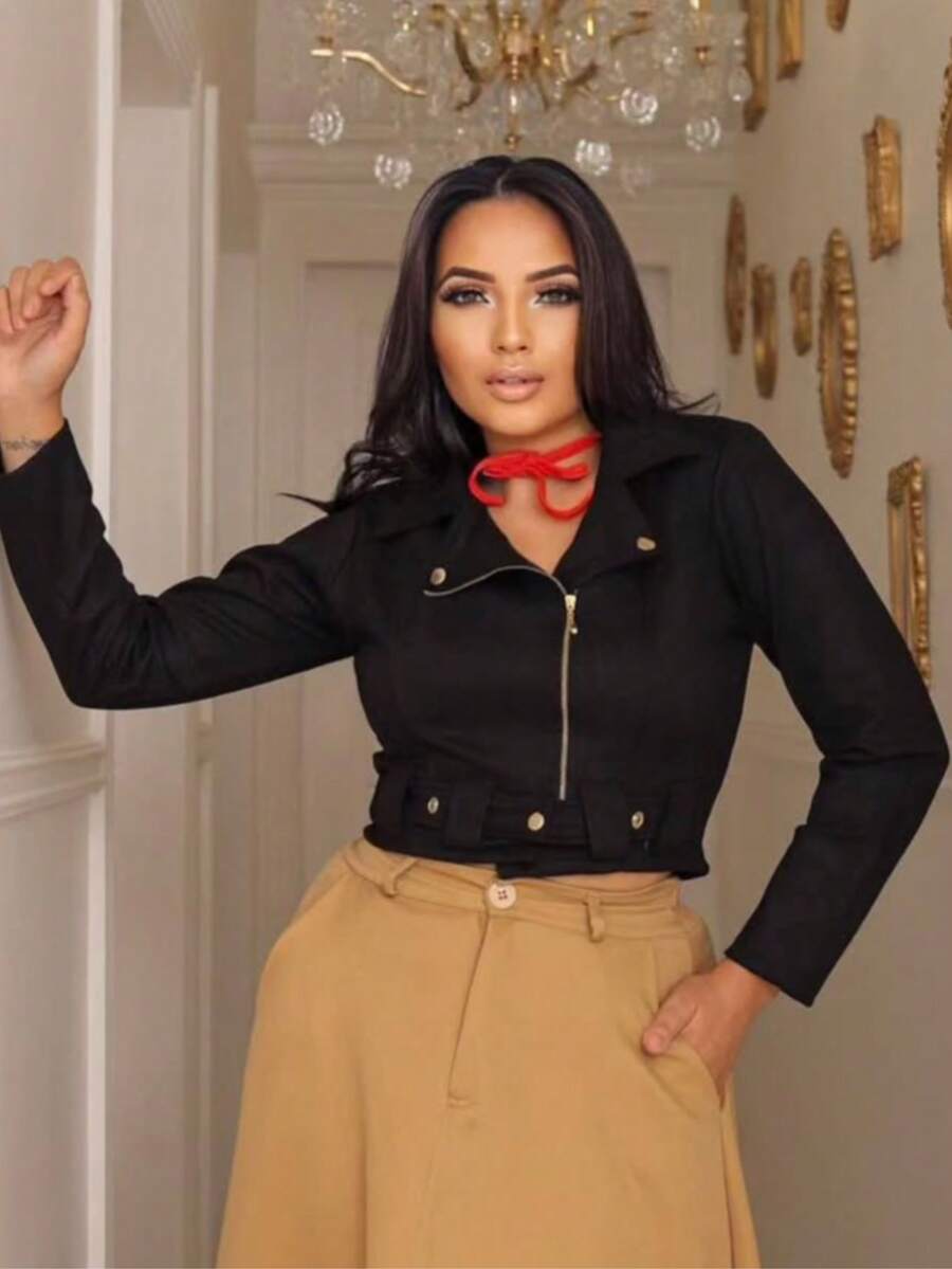 Elegant Warm Suede Jacket With Belt - Women's Party Dress - Elegant Contrast - Office Casual Blouse - Women's Winter - màu đen - Xem 1