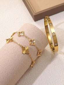 VceTd 1 Set Fashionable Commuter Style Stainless Steel Jewelry Set With Clover Element Design, Suitable For Women's Commute Or Daily Wear, Also Makes A Great Gift For Friends - 黃金 - 查看 3