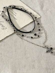 Edgy Chic Black Cross Pendant Necklace, Multi-Layer Chain Choker Necklace, Delicate Collarbone Chain - Black - View 5