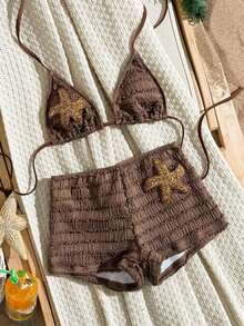 Nuevo conjunto de 2 piezas de traje de baño de verano para mujer con pantalón de pierna recta, top halter con estampado de tela texturizada multicolor con decoración de estrellas de mar, para vacaciones en la playa - Café integral - Ver 2
