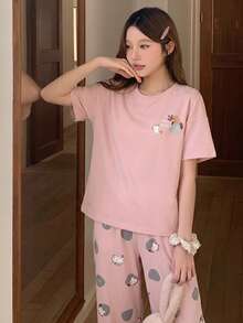 DAZY 2 件套女士和年轻女士休闲可爱卡通猫和字母印花粉色上衣、七分裤/短裤、睡衣套装，适合居家、聚会、度假、春夏 - 淺粉色 - 查看 3