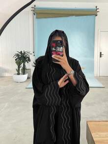 两件套女士黑色条纹刺绣开衫外套套装 - 黑色 - 查看 4