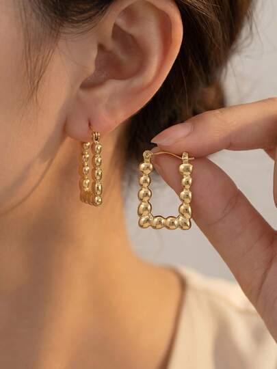 Minimalist Beaded Geometric Rectangle Hoop Earrings, Fashionable And Unique Stainless Steel Earrings For Women, Suitable For Daily Wear, As Well As Surprise Gifts For Valentine's Day, Birthday, Mother's Day, Thanksgiving Or Vacation. These Elegant Jewelry Gifts Are Suitable For Ladies And Girls, Also Suitable For Wedding Occasions. Eye-Catching Gold Stainless Steel Jewelry. Versatile Casual Dress Fashion Matching