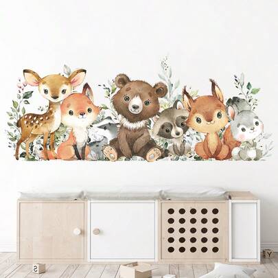  Charming Animal Wall Decals - Self-Adhesive Raccoon, Rabbit, Deer & Bear Stickers For Bedroom, Living Room, Entryway - Matte Finish, Removable PVC Home Decor By BRUP, Creative, Porch