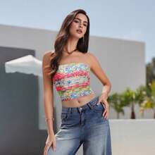 Women Floral Print Camisole Tank Top Strapless Wrapped Tube Top Crop Slim Fit Bodycon Cami - Blue - View 1