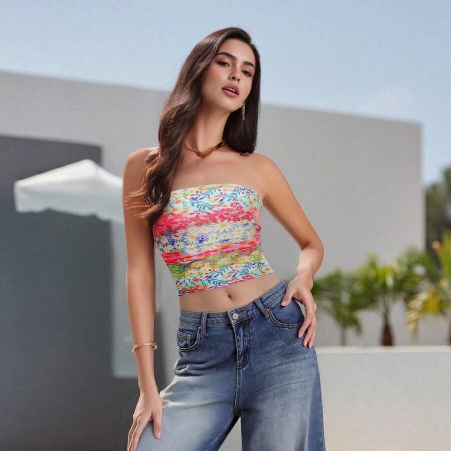 Women Floral Print Camisole Tank Top Strapless Wrapped Tube Top Crop Slim Fit Bodycon Cami - Blue - View 1