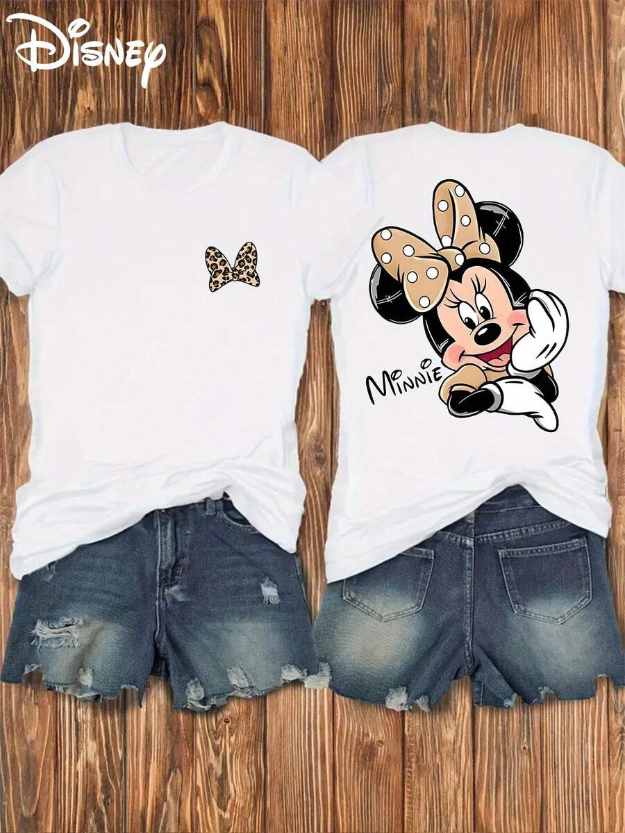 Disney Women's T-Shirt Authorized Minnie Print | Front And Back Prints, Soft And Elastic Casual Short Sleeved Top, Fashionable Short Sleeved Round Neck T-Shirt, Women'S Clothing - 白色 - 查看 1