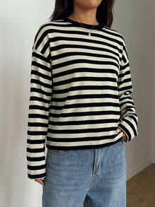 SDNGED Women's Casual Top, Striped Color Block Ribbed Fabric, Everyday Wear Spring/Autumn - Black Apricot Wide Stripes - View 5