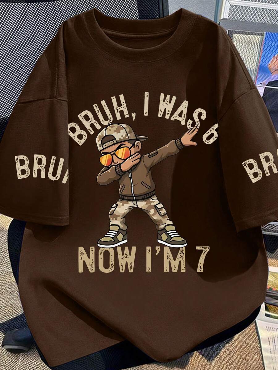 男童“BRUH”字母及图案印花圆领短袖T恤,美式复古风格,青少年男童新款夏季T恤 - 棕色 - 查看 1